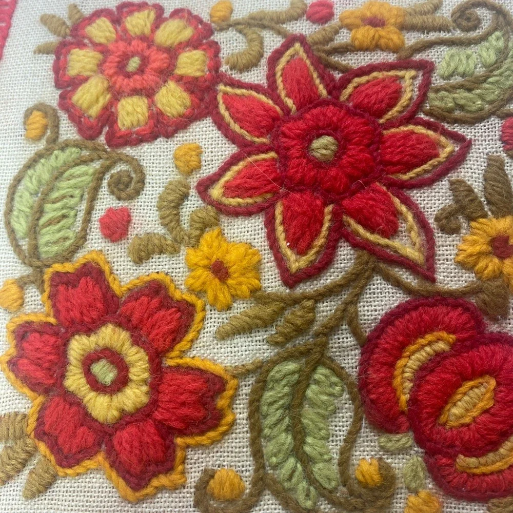 Vintage Embroidered Needlepoint Floral Pillow Square Boho Shabby Chic